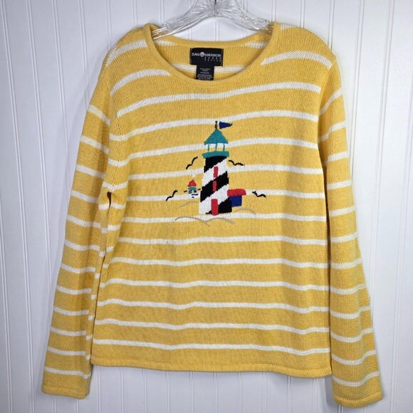 Sag Harbor Sweaters - Vintage Sag Harbor Sweater Medium Yellow Lighthouse Coastal Nautical Preppy Y2K